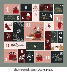 December Christmas advent calendar  for 25 days. Christmas presents with numbers 1 to 25. Numbered countdown. Scandinavian style Cute winter illustration. Cozy hygge vector red and green colors