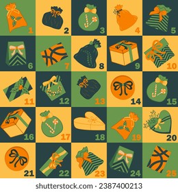 December Christmas advent calendar for 25 days. Christmas presents with numbers 1 to 25. Numbered countdown. Scandinavian style Cute Hygge winter illustration. Cozy vector in red and green colors.