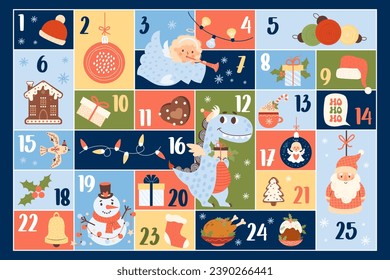 December Christmas advent calendar for 25 days. Dragon, angel, gingerbread, presents, Santa Claus, snowman, balls with numbers 1 to 25. Vector countdown holiday calendar. Dates festive event xmas