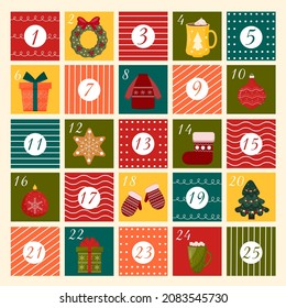 December Christmas advent calendar. Cute winter illustration for card, poster, decor. Time for Christmas miracles. Winter postcard vector creative template. Xmas Poster hand drawn style.