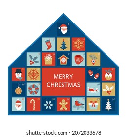 december christmas advent calendar winter card with xmas and new year symbols. Santa, tree, numbers, sleigh, holly, Christmas balls, snowflakes. flat vector illustration