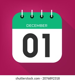 Día 1 de diciembre. Número uno en un libro blanco con borde de color verde sobre un vector de fondo de navidad de vino tinto.