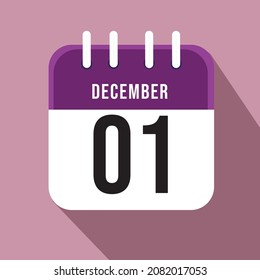 Dezember Tag 1. Nummer eins auf weißem Papier mit violettem Rand auf rosafarbenem Hintergrund, Kalenderblatt. Vektorgrafik.
