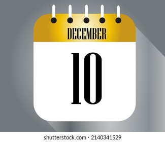 December day 10. Calendar icon on a white paper with golden color border on a gray background vector.