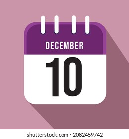 December day 10. Number ten on a white paper with purple border on a pink background, calendar sheet. Vector illustration.
