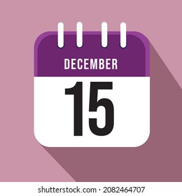 December day 15. Number fifteen on a white paper with purple border on a pink background, calendar sheet. Vector illustration.