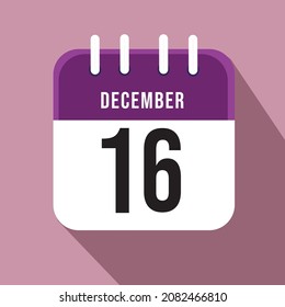 December day 16. Number sixteen on a white paper with purple border on a pink background, calendar sheet. Vector illustration.