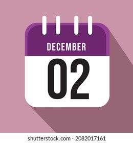 December day 2. Number two on a white paper with purple border on a pink background, calendar sheet. Vector illustration.