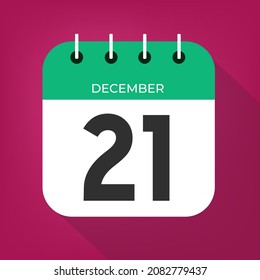 December day 21. Number twenty-one on a white paper with green color border on a red wine christmas background vector.