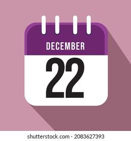 December day 22. Number twenty two on a white paper with purple border on a pink background, calendar sheet. Vector illustration.