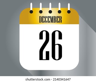 December day 26. Calendar icon on a white paper with golden color border on a gray background vector.