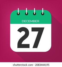 December day 27. Number twenty-seven on a white paper with green color border on a red wine christmas background vector.