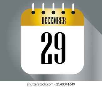 December day 29. Calendar icon on a white paper with golden color border on a gray background vector.