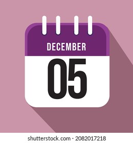 December day 5. Number five on a white paper with purple border on a pink background, calendar sheet. Vector illustration. 
