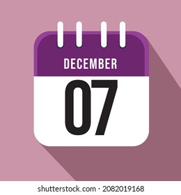 December day 7. Number seven on a white paper with purple border on a pink background, calendar sheet. Vector illustration.