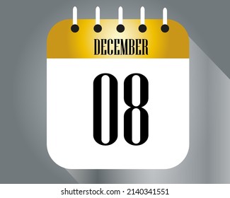 December day 8. Calendar icon on a white paper with golden color border on a gray background vector.