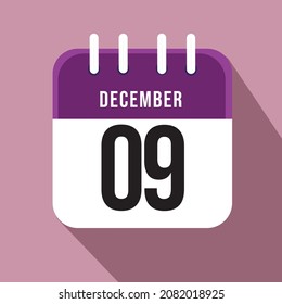 Día 9 de diciembre. Nueve en un libro blanco con borde morado sobre fondo rosado, hoja de calendario. Ilustración vectorial.