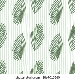 December decor seamless pattern with green foliage fir branches. Light grey striped background. Perfect for fabric design, textile print, wrapping, cover. Vector illustration.
