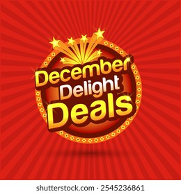 Ofertas de Delicias de Diciembre. Logotipo Abstractas rojo retro del círculo. Compras en línea, comercio electrónico, supermercado, ofertas de tienda, publicidad