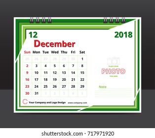 December Desk Calendar 2018 Design for business  print template vector,week start on Sunday