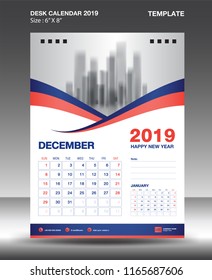 DECEMBER- Desk Calendar 2019 Template, flyer design vector, Blue orange concept layout, monthly planner, Week starts on Sunday, vertical artwork