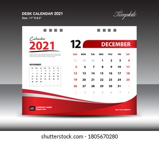 December Desk Calendar 2021 Template, Week starts Sunday, Stationery design, flyer design vector, printing media creative idea design, Red background