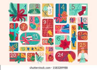 December festive advent calendar flat vector illustration. Christmas countdown. Gift boxes set