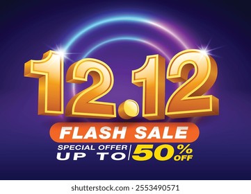 December Flash Sale 12.12 Promotion Template, 3D Text Number twelve on Dark Background and LED Neon Lights. Flash Sales Campaign, Special Offer Up to 50% Off.