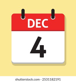 Cuatro de diciembre. 4 de diciembre. Calendario diario en Vector de diseño plano. Concepto de tiempo. Icono de fecha. Mes. Ilustración del día.