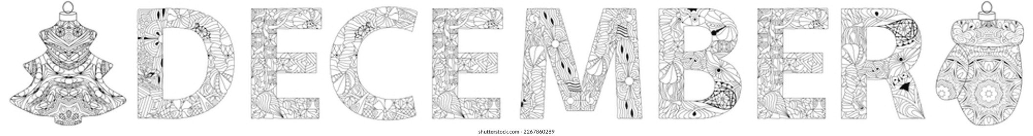DECEMBER hand drawn modern design vector illustration for coloring.