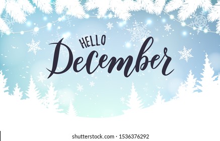 December hand lettering text. Vector illustration as poster, banner, postcard, greeting card, invitation template. Concept December advertising