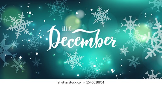 Texto con letras de la mano de diciembre. Ilustración vectorial como afiche, banner, postal, tarjeta de felicitación, plantilla de invitación. Publicidad de Concept Diciembre