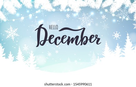 December hand lettering text. Vector illustration as poster, banner, postcard, greeting card, invitation template. Concept December advertising