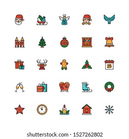 December holiday symbols colorful linear icons set. Christmas thin line vector signs pack. Xmas themed pictograms. Christmas tree, champagne, festive wreath and snowflake outline illustrations