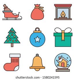 December holiday symbols colorful linear icons set. Christmas thin line vector signs pack. Xmas themed pictograms. Christmas tree, champagne, festive wreath and snowflake outline illustrations - Vecto