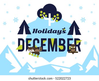 December holidays. Designed for printing, postcards, calendars, notebooks, diary. The owl and the raccoon sitting on the letter, rowan, winter apples. Snowy mountains. Snowfall. Winter season.