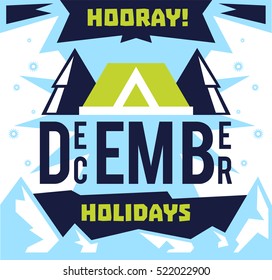 December holidays. Designed for printing, postcards, calendars, notebooks, diary. Bullfinch, home. Snowy mountains. Vector illustration. Flat style