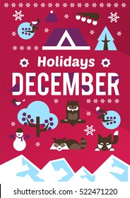 December holidays. Designed for printing, postcards, calendars, notebooks, diary. Set winter season objects. Owl, raccoon, dog, snowman, pine, bullfinch, berries, house. Vector illustration