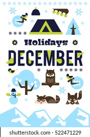 December holidays. Designed for printing, postcards, calendars, notebooks, diary. Set winter season objects. Owl, raccoon, dog, snowman, pine, bullfinch, berries, house. Vector illustration