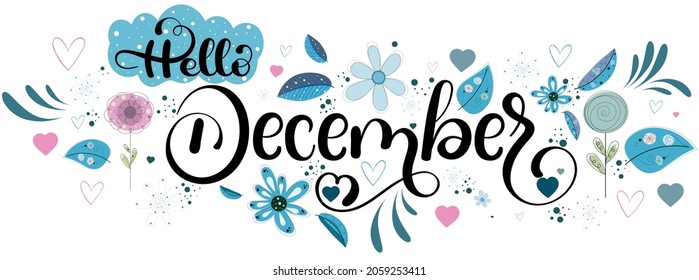 "Diciembre" vacaciones mes texto creativo con flores y hojas. Decoración floral. Cartas de decoración, Ilustración de diciembre. Navidad	
