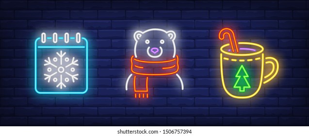 December holidays neon sign set with calendar, polar bear in scarf and hot drink. Vector illustration in neon style for topics like celebration, New Year, Christmas