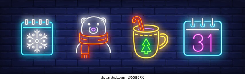 December holidays neon sign set with calendar, polar bear in scarf and hot drink. Vector illustration in neon style for topics like celebration, New Year, Christmas