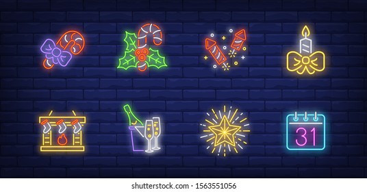 December holidays neon sign set. Candy canes, fireplace, candle, stockings. Vector illustration in neon style, bright banner for topics like Xmas, Christmas eve, New Year