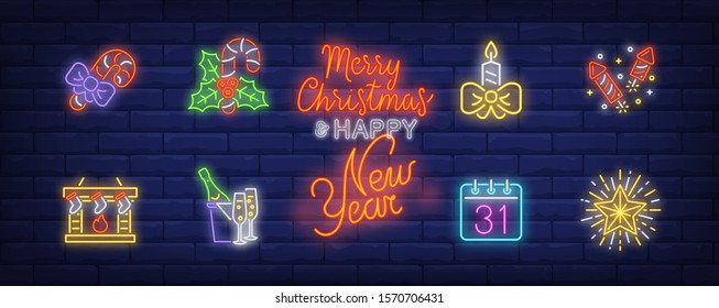 December holidays neon sign set. Candy canes, fireplace, candle, stockings. Vector illustration in neon style, bright banner for topics like Xmas, Christmas eve, New Year