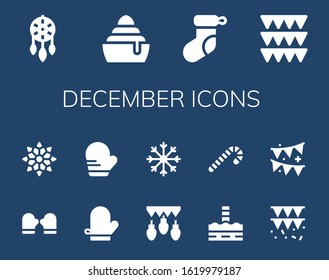 december icon set. 14 filled december icons.  Simple modern icons such as: Ornament, Frozen, Christmas sock, Garlands, Mitten, Snowflake, North pole, Candy cane, Garland