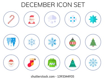 december icon set. 15 flat december icons.  Collection Of - candy cane, icicles, santa claus, snowflake, snowing, bauble, christmas tree, christmas sock, sweater