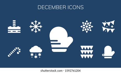 december icon set. 9 filled december icons. Included Mitten, Snow, Snowflake, Candy cane, North pole, Garland, Garlands icons