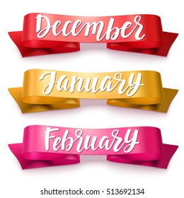 December, January, February. Handwritten modern lettering winter months on colorful ribbons on white background.