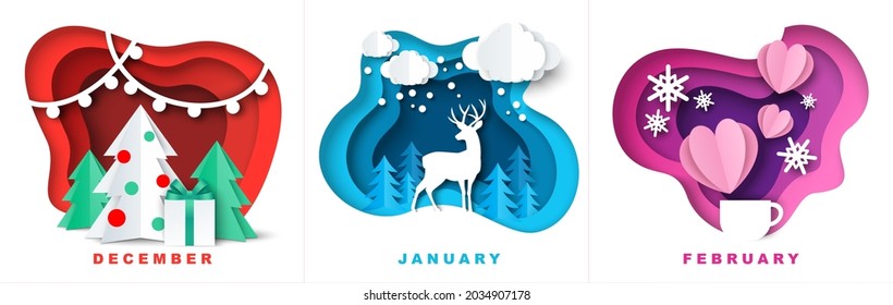 December, January and February winter season months. Christmas tree, reindeer, Valentines Day pink hearts, vector illustration in paper art style. Winter holidays composition set for calendar, card.