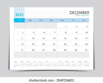 December layout design, calendar 2022 year template, Planner simple, Desk calendar 2022 design, Week Starts on Sunday, Wall calendar design, printing media, advertisement, office organizer, vector
